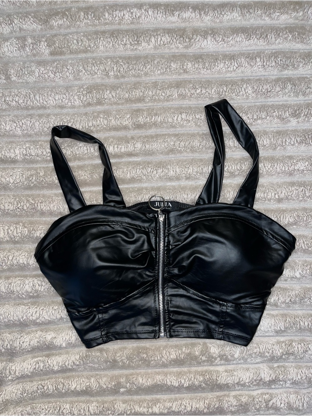 Julia by LoveJ Black Faux Leather Zip Front Corset Crop Top Size M